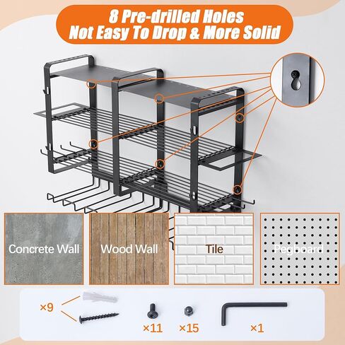4 طبقات كبيرة لتنظيم أدوات الطاقة على الحائط، سعة الوزن 180+ رطل، منظم أدوات لاسلكي مع 6 حامل مثقاب، رف تخزين أدوات الطاقة المعدنية الثقيلة للمرآب (أسود) in Kuwait