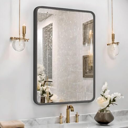 18"x24" Black Rectangle Mirror, Bathroom Mirrors for Over Sink, Rectangular Wall-Mounted Mirrors, Framed Mirror for Wall, Bathroom Vanity Mirror, Black Modern Mirror for Entryway, Fireplace in Saudi Arabia