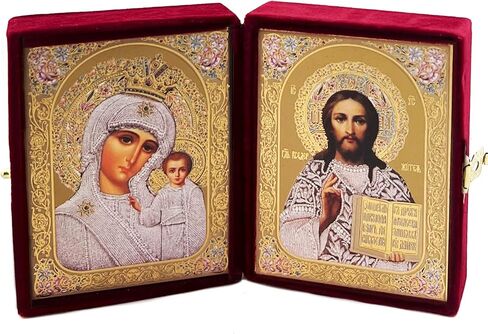 Needzo Christ المعلم ومادونا والطفل عذراء كازان الأرثوذكسية الكاثوليكية المسيحية أيقونة Diptych في علبة مخملية باللون العنابي، 3 1/4 بوصة، أيقونات رقائق ذهبية in Saudi Arabia