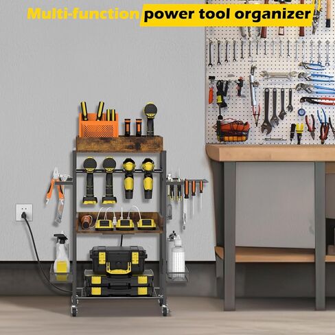 عربة تنظيم أدوات الطاقة من ميلوس، رف رف للحفر 4 جراج، منظم أدوات كهربائية مع محطة شحن، عربة تنظيم الأدوات مع عجلات، عربة أدوات صندوق الأدوات للميكانيكي، بني in Kuwait