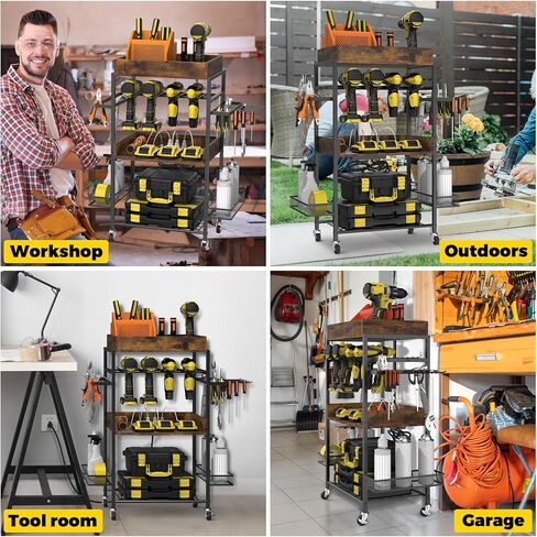عربة تنظيم أدوات الطاقة من ميلوس، رف رف للحفر 4 جراج، منظم أدوات كهربائية مع محطة شحن، عربة تنظيم الأدوات مع عجلات، عربة أدوات صندوق الأدوات للميكانيكي، بني in Kuwait