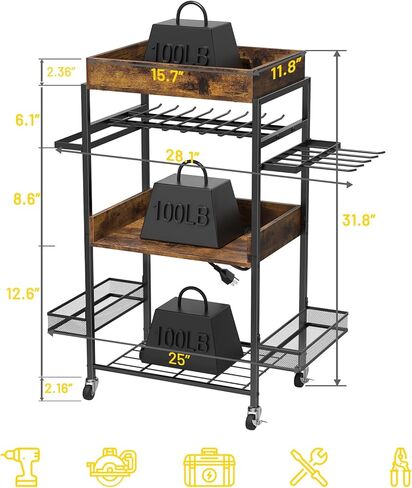 عربة تنظيم أدوات الطاقة من ميلوس، رف رف للحفر 4 جراج، منظم أدوات كهربائية مع محطة شحن، عربة تنظيم الأدوات مع عجلات، عربة أدوات صندوق الأدوات للميكانيكي، بني in Kuwait
