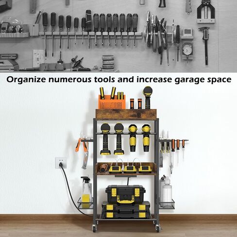 عربة تنظيم أدوات الطاقة من ميلوس، رف رف للحفر 4 جراج، منظم أدوات كهربائية مع محطة شحن، عربة تنظيم الأدوات مع عجلات، عربة أدوات صندوق الأدوات للميكانيكي، بني in Kuwait