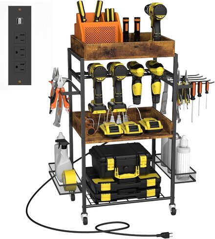 عربة تنظيم أدوات الطاقة من ميلوس، رف رف للحفر 4 جراج، منظم أدوات كهربائية مع محطة شحن، عربة تنظيم الأدوات مع عجلات، عربة أدوات صندوق الأدوات للميكانيكي، بني in Kuwait