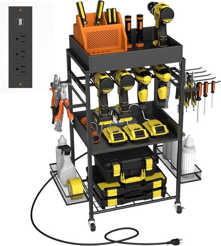 melos Power Tool Organizer Cart, Garage 4 Drill Shelf Rack, Power Tool Organizer with Charging Station, Tools organizer cart with wheels, Tool Box Utility Cart for Mechanic, Brown in Saudi Arabia