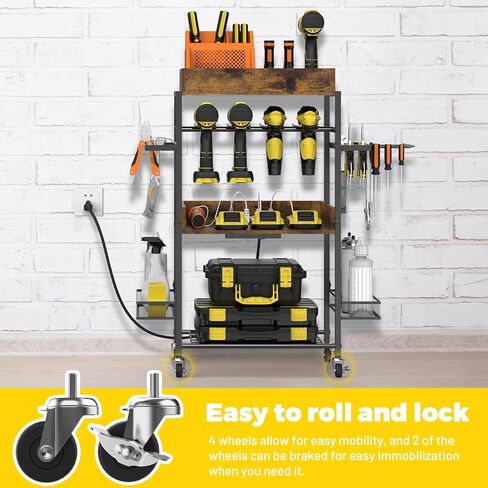 عربة تنظيم أدوات الطاقة من ميلوس، رف رف للحفر 4 جراج، منظم أدوات كهربائية مع محطة شحن، عربة تنظيم الأدوات مع عجلات، عربة أدوات صندوق الأدوات للميكانيكي، بني in Kuwait