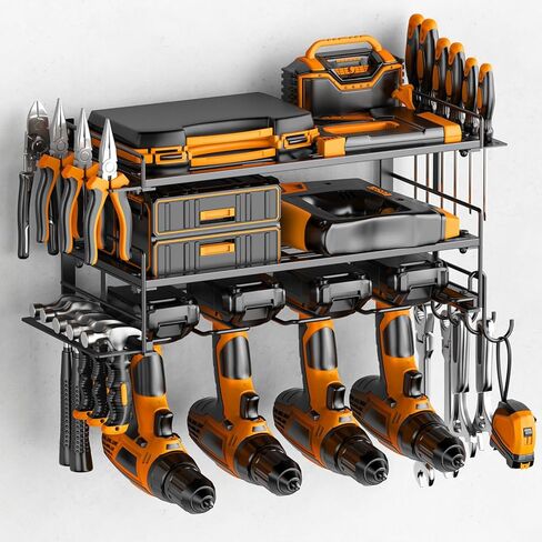 منظم أدوات الطاقة على الحائط - حامل مثقاب عالي التحمل - حامل أدوات ورف تخزين لتنظيم المرآب، رف شماعات مثقاب لاسلكي 3 طبقات مع مفك براغي/زردية/حامل مطرقة in Kuwait