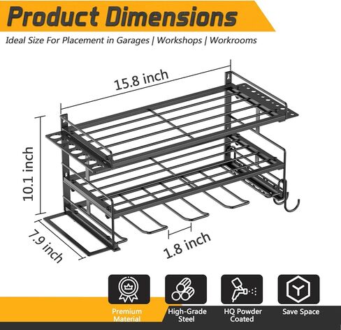 منظم أدوات الطاقة على الحائط - حامل مثقاب عالي التحمل - حامل أدوات ورف تخزين لتنظيم المرآب، رف شماعات مثقاب لاسلكي 3 طبقات مع مفك براغي/زردية/حامل مطرقة in Kuwait