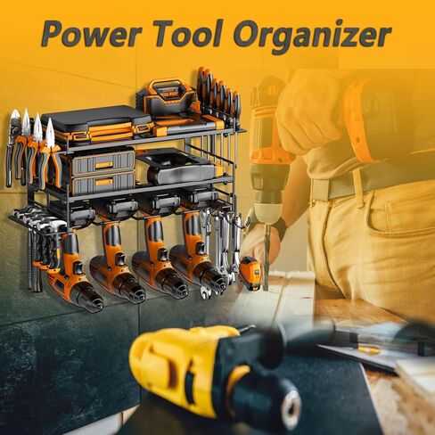 منظم أدوات الطاقة على الحائط - حامل مثقاب عالي التحمل - حامل أدوات ورف تخزين لتنظيم المرآب، رف شماعات مثقاب لاسلكي 3 طبقات مع مفك براغي/زردية/حامل مطرقة in Kuwait