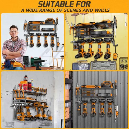 منظم أدوات الطاقة على الحائط - حامل مثقاب عالي التحمل - حامل أدوات ورف تخزين لتنظيم المرآب، رف شماعات مثقاب لاسلكي 3 طبقات مع مفك براغي/زردية/حامل مطرقة in Kuwait