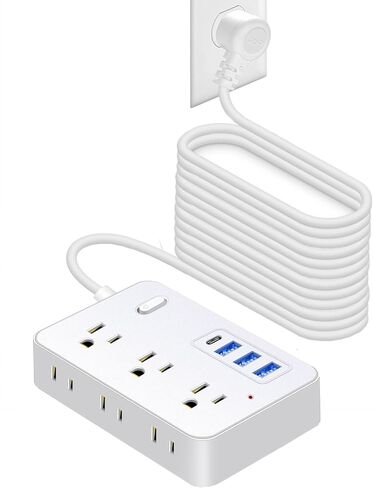 سلك تمديد بطول 25 قدمًا مع منافذ متعددة، شريط طاقة Asamoom بطول 25 قدمًا مع 6 منافذ مع 4 منافذ USB (1 USB C)، قابس مسطح بسلك طويل حماية 1700 جول للمنزل والمكتب باللون الأسود in Kuwait