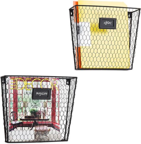 MyGift Wall Mounted Black Chicken Wire Metal Magazine Holder and Documents and Files Storage Organizer Bin with Chalkboard Label Inserts, Set of 2 in Saudi Arabia
