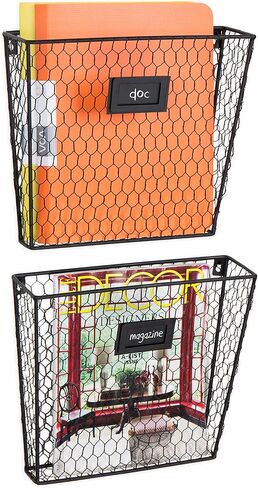 MyGift Wall Mounted Black Chicken Wire Metal Magazine Holder and Documents and Files Storage Organizer Bin with Chalkboard Label Inserts, Set of 2 in Saudi Arabia