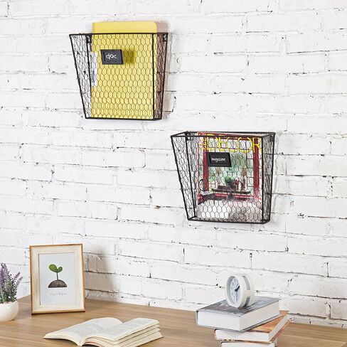 MyGift Wall Mounted Black Chicken Wire Metal Magazine Holder and Documents and Files Storage Organizer Bin with Chalkboard Label Inserts, Set of 2 in Saudi Arabia