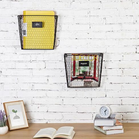 MyGift Wall Mounted Black Chicken Wire Metal Magazine Holder and Documents and Files Storage Organizer Bin with Chalkboard Label Inserts, Set of 2 in Saudi Arabia