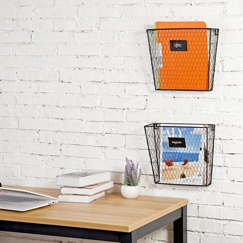 MyGift Wall Mounted Black Chicken Wire Metal Magazine Holder and Documents and Files Storage Organizer Bin with Chalkboard Label Inserts, Set of 2 in Saudi Arabia