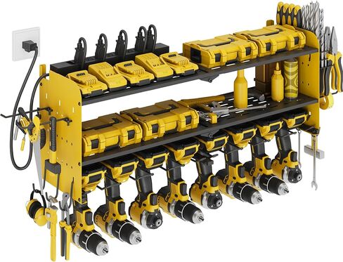 منظم أدوات الطاقة مع محطة شحن، حامل جداري للمرآب 8 مثقاب، 3 طبقات رف أدوات معدني عالي التحمل مع 8 منافذ شريط طاقة، رف أدوات للوحة مفك البراغي، أصفر in Kuwait