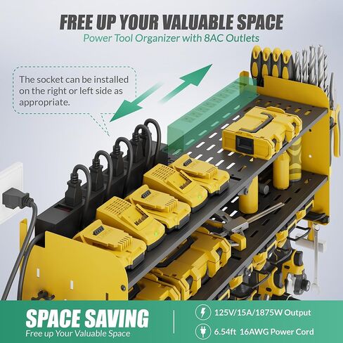 منظم أدوات الطاقة مع محطة شحن، حامل جداري للمرآب 8 مثقاب، 3 طبقات رف أدوات معدني عالي التحمل مع 8 منافذ شريط طاقة، رف أدوات للوحة مفك البراغي، أصفر in Kuwait