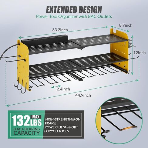 منظم أدوات الطاقة مع محطة شحن، حامل جداري للمرآب 8 مثقاب، 3 طبقات رف أدوات معدني عالي التحمل مع 8 منافذ شريط طاقة، رف أدوات للوحة مفك البراغي، أصفر in Kuwait
