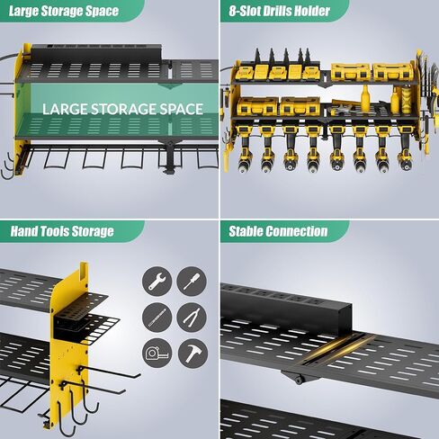 منظم أدوات الطاقة مع محطة شحن، حامل جداري للمرآب 8 مثقاب، 3 طبقات رف أدوات معدني عالي التحمل مع 8 منافذ شريط طاقة، رف أدوات للوحة مفك البراغي، أصفر in Kuwait