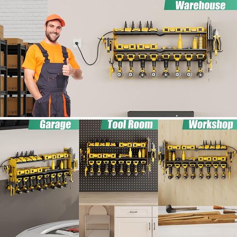 منظم أدوات الطاقة مع محطة شحن، حامل جداري للمرآب 8 مثقاب، 3 طبقات رف أدوات معدني عالي التحمل مع 8 منافذ شريط طاقة، رف أدوات للوحة مفك البراغي، أصفر in Kuwait