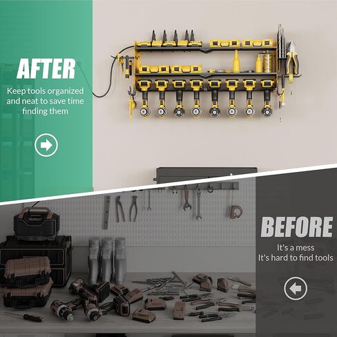 منظم أدوات الطاقة مع محطة شحن، حامل جداري للمرآب 8 مثقاب، 3 طبقات رف أدوات معدني عالي التحمل مع 8 منافذ شريط طاقة، رف أدوات للوحة مفك البراغي، أصفر in Kuwait
