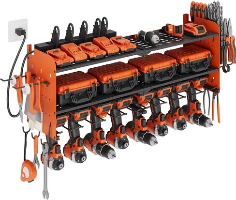 Suchtale Power Tool Organizer with Charging Station,33.2''Garage 8 Drill Holders Wall Mount,3 Layers Heavy Duty Metal Tool Shelf with 8 Outlets Power Strip,Utility Rack for Screwdriver Pegboard,Orange in Saudi Arabia