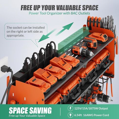 Suchtale Power Tool Organizer with Charging Station,33.2''Garage 8 Drill Holders Wall Mount,3 Layers Heavy Duty Metal Tool Shelf with 8 Outlets Power Strip,Utility Rack for Screwdriver Pegboard,Orange in Saudi Arabia