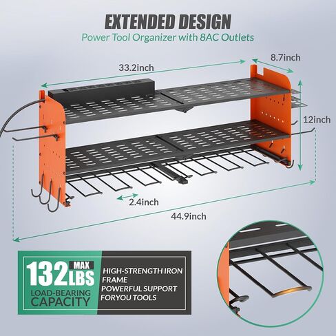 Suchtale Power Tool Organizer with Charging Station,33.2''Garage 8 Drill Holders Wall Mount,3 Layers Heavy Duty Metal Tool Shelf with 8 Outlets Power Strip,Utility Rack for Screwdriver Pegboard,Orange in Saudi Arabia