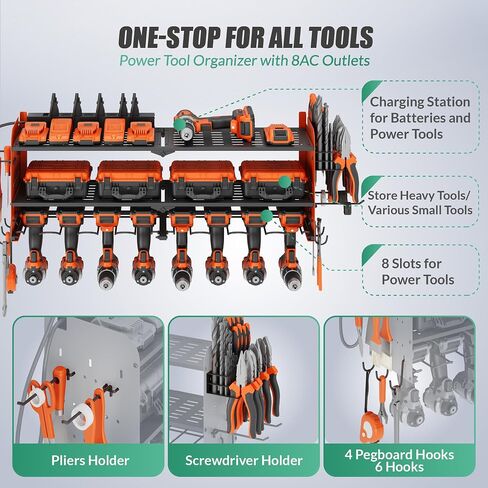 Suchtale Power Tool Organizer with Charging Station,33.2''Garage 8 Drill Holders Wall Mount,3 Layers Heavy Duty Metal Tool Shelf with 8 Outlets Power Strip,Utility Rack for Screwdriver Pegboard,Orange in Saudi Arabia