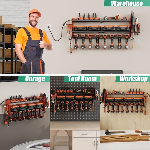 Suchtale Power Tool Organizer with Charging Station,33.2''Garage 8 Drill Holders Wall Mount,3 Layers Heavy Duty Metal Tool Shelf with 8 Outlets Power Strip,Utility Rack for Screwdriver Pegboard,Orange in Saudi Arabia