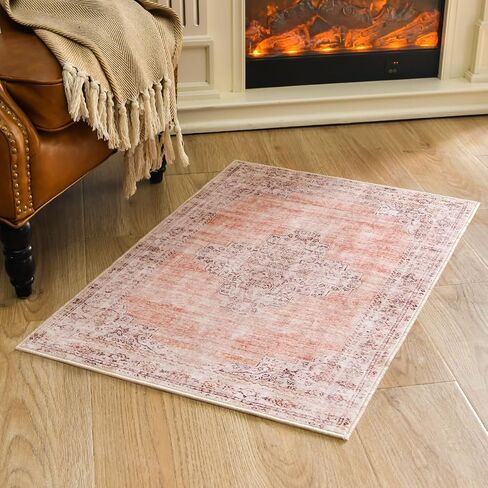 Washable Vintage Rug 2x3 Entrance Rug Non-Slip Indoor Doormat, Bedroom Kitchen Entrance Bathroom Boho Small Rugs (Pink Rug) in Saudi Arabia