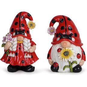 Hodao Ladybug Gnomes Statue - Spring Decorations - Summer Decorations - Symbol of Luck - Indoor Home Decor - Ladybug Themed Sculpture（2pcs）