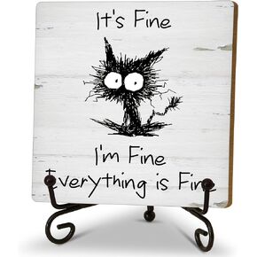Home Office Decor Gifts for Women Men, Humorous Wooden Plaque with Stand, Black Cat Desk Decor for Home Office Table Shelf Decorations, Everything is Fine - B08
