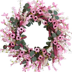 Idyllic 18 Inch Pink Daisy Wildflowers Spring Summer Wreath for Front Door, Pink Lavender Eucalyptus Leaves Spring Wreath for Wedding and Valentines Day, Faux Flower Wreath for Indoor and Outdoor