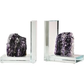 AMOYSTONE Decorative Bookends for Tall Books, Gift Book-ends for Shelves Decorative, L Shape Glass Sturdy Book Ends Purple Fluorite Stone to Holder Books Office Desk Home Decor (1 Pair 4-6 LBS)