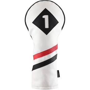 Majek Retro Golf Headcover White Red and Black Vintage Leather Style 1 Driver Head Cover Fits 460cc Drivers Classic Look