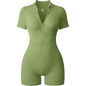 OQQ Women Rompers Ribbed Short Sleeve Zip Front Stretch Tummy Control Yoga Workout Rompers