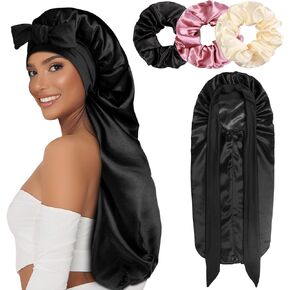 1+3 Long Satin Bonnets with Scrunchies for Women Sleeping, Double Layer Large Braid Bonnet with Tie Band