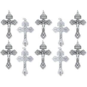 Pack of 10 - Pardon Crucifix Catholic Pope Saint Pius X, 2-1/8" Silver Tone Catholic Crucifixes for Rosary Making Supplies, Made in Italy