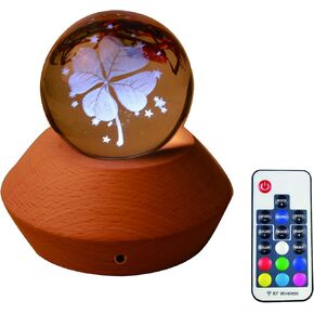 3D Crystal Ball Music Box RGB LED Luminous Wood Base, Rotating Glowing, Remote Control Switching, Sincere Birthday Present (Four Leaf Clover, Canon)