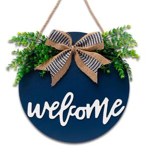 Welcome Sign For Front Door, Farmhouse Wall Decor Welcome Sign, 12" Wooden Welcome Home Decorations, Outdoor Welcome Signs For Porch, Wreaths For Front Porch Door Wall Hanging by Nidoot(Dark Blue)