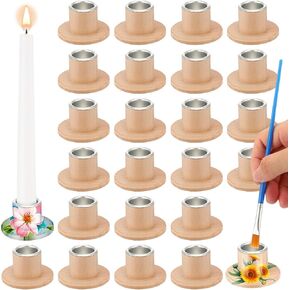 Havawish 24 Pcs Unfinished Blank Wooden Candlestick Holders Bulk Taper Candle Holders with Metal Candle Cups DIY Painting Decor for Wedding, Christmas, Party Table Dining Decor