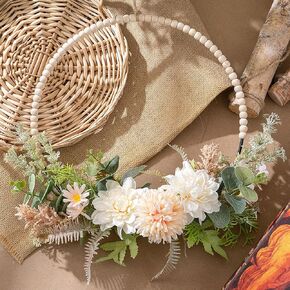 KHOYIME Artificial Flower Wreath for Front Door Floral Hoop Wreath Decor with Wood Beads Milk White Flowers Green Leaves Spring Summer Home Decor Wall Window Wedding Party Hanging Decorations