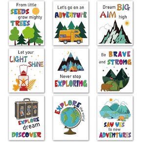 Nezyo 9 Pcs Colorful Camping Art Print 8 x 10 Inch Camping Inspirational Decor Watercolor Camping Wall Art Print Outdoor Adventure Inspirational Canvas Wall Art for Bedroom and Office Nursery
