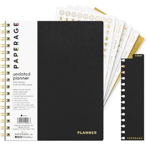 PAPERAGE Undated Daily Planner Notebook (Black), 8.5 in x 11 in, Spiral Bound To Do List & Schedule Planner, 104 Lined Pages for Plans & Notes