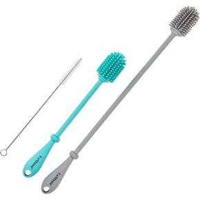 LeMuna Water Bottle Cleaner Brush Set (Silicone Bottle Brush & Wooden Handle Silicone Bottle Brush) with Straw Brush for Narrow Neck Containers, Hydro Flask, Sports Bottle, Glassware