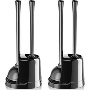 Toilet Plunger and Brush, Bowl Brush and Heavy Duty Toilet Plunger Set with Ventilated Holder, 2-in-1 Toilet Brush and Plunger Combo for Bathroom Cleaning (Black, 2 Set)
