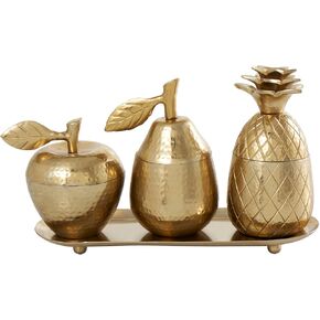 Deco 79 Aluminum Metal Fruit Decorative Decorative Jars Decorative Container with Matching Leaf Tray, Decorative Keepsake Box 11" x 4" x 7", Gold