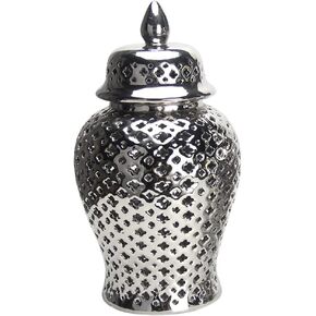Luxshiny Traditional Pierced Ginger Jar with Lid, Carved Lattice Decorative Temple Jar Ceramic Ginger Jars Hollow Out Flower Vase for Home Office Party Decor Silver